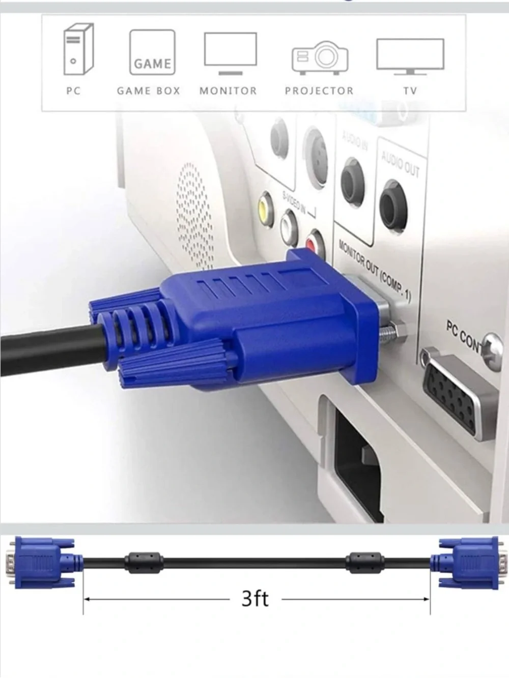 Blue VGA Monitor Cable - Male to Male
